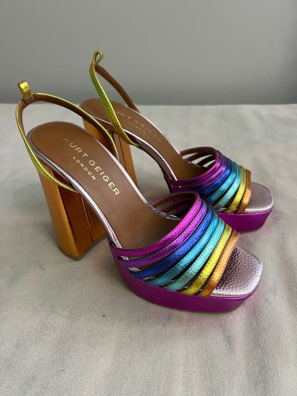 🌈 Kurt Geiger London Rainbow Platform Heels 💖 Metallic Slingback Block Heel 36.5
